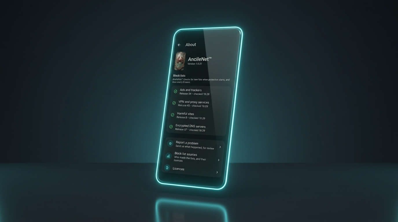 AncileNet Mobile About screen, version 1.0.21: four block lists with release numbers and check times — ads and trackers, VPN and proxy services, harmful sites, encrypted DNS servers — plus Report a problem, Block list sources and Licences.