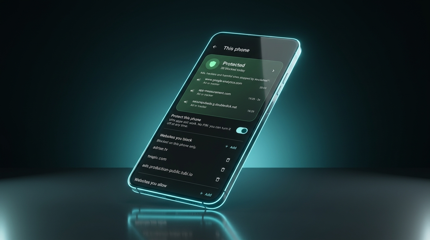 AncileNet Mobile “This phone” screen: Protected, 38 blocked today, recent ad and tracker domains such as google-analytics.com and doubleclick.net, a Protect this phone switch, and the parent’s own block and allow lists.