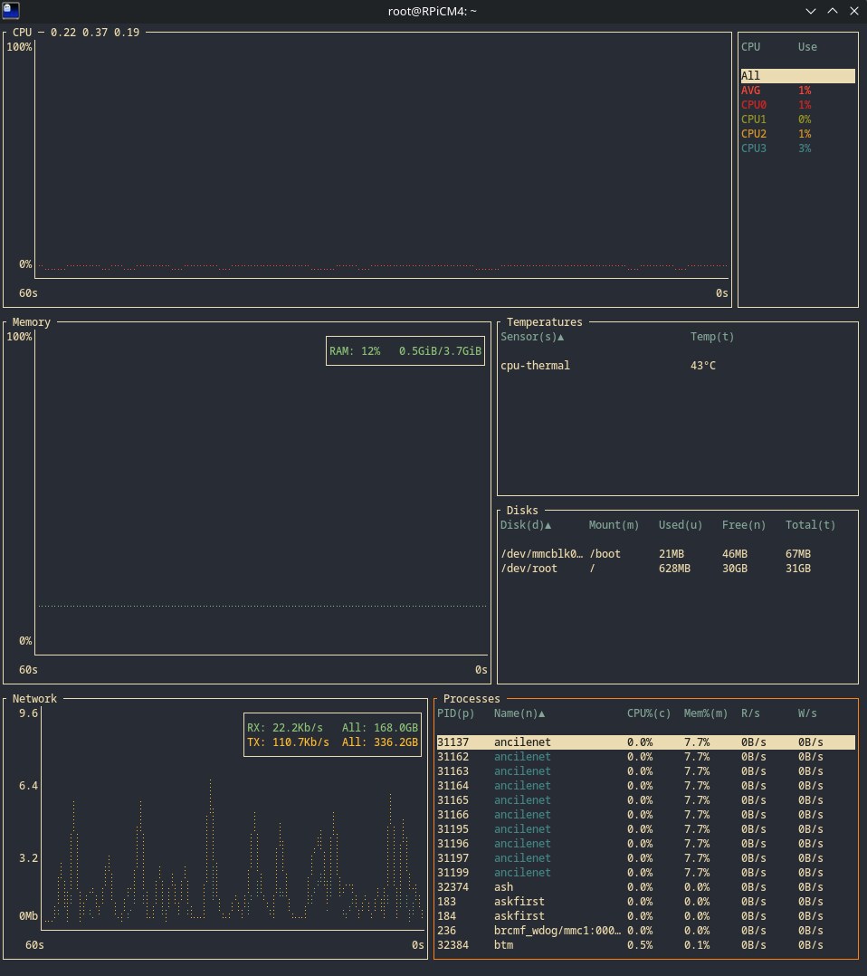 bottom (btm) system monitor on the same Raspberry Pi CM4 with no test traffic: 1% average CPU, RAM 12%, CPU temperature 43 °C, network RX 22.2 Kb/s and TX 110.7 Kb/s, ancilenet process at 0.0% CPU and 7.7% memory.